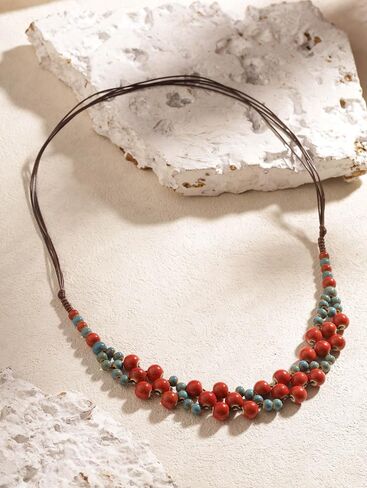 MINACHI Boho Turquoise Blue Red Ceramic Round Spherical Bead Strand Necklace for Women, Bohemian Hippie Summer Jewelry Gifts (MD0103) in Kuwait