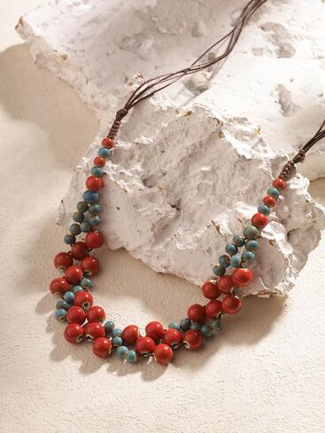 MINACHI Boho Turquoise Blue Red Ceramic Round Spherical Bead Strand Necklace for Women, Bohemian Hippie Summer Jewelry Gifts (MD0103) in Kuwait
