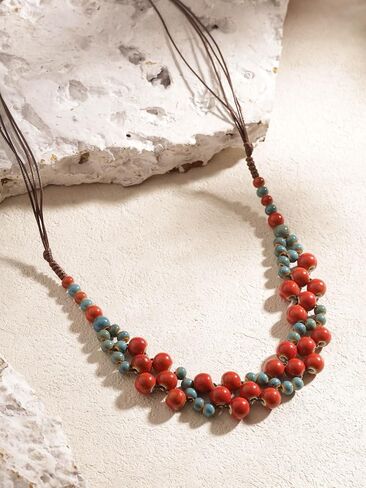 MINACHI Boho Turquoise Blue Red Ceramic Round Spherical Bead Strand Necklace for Women, Bohemian Hippie Summer Jewelry Gifts (MD0103) in Kuwait