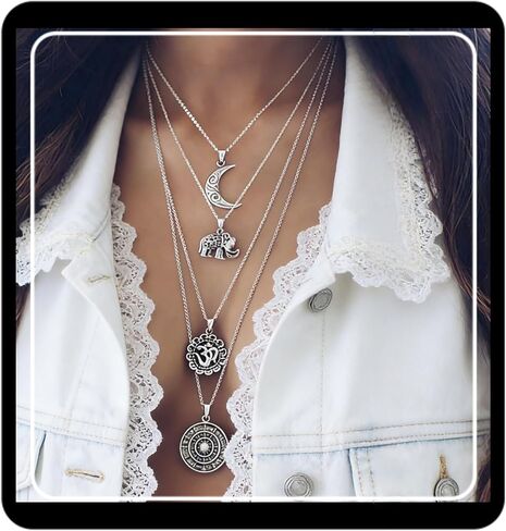 Doubnine Long Multilayer Statement Necklace 4 Layer Hippie Boho Circle Drops Multistrand Bohemian Necklace Layered for Women in Kuwait