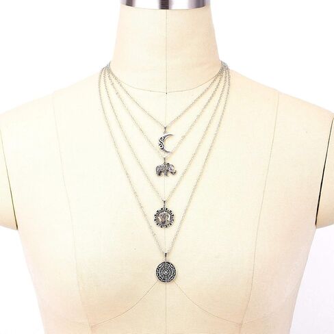 Doubnine Long Multilayer Statement Necklace 4 Layer Hippie Boho Circle Drops Multistrand Bohemian Necklace Layered for Women in Kuwait