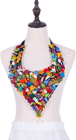 BAZINRICHE African Fabric Necklaces for Women Button Necklace Ankara Covered Disc Bib Necklace Jewelry in Kuwait