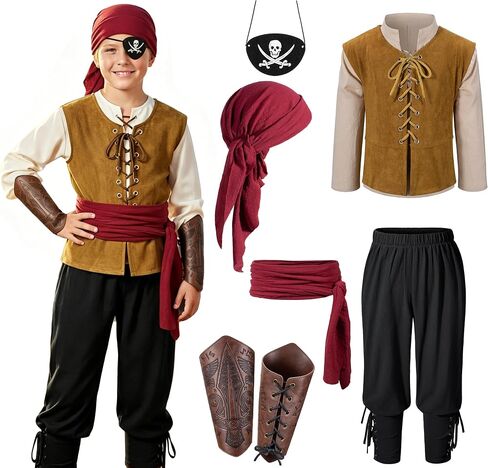 Kids Pirate Costume Medieval Renaissance Boys Pirate Captain Shirt Vest Pants Accessories Halloween Cosplay in Saudi Arabia