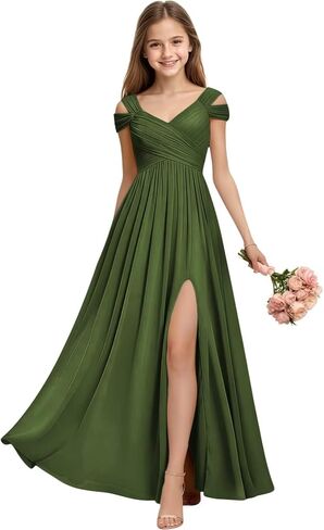 Chiffon Pleated Junior Bridesmaid Dresses Long Off Shoulder Girls Formal Dress Slit Wedding Party Evening Gowns in Saudi Arabia