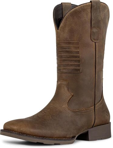 J's.o.l.e Leather Cowboy Boots for Men - Mens Square Toe Western Boots With Flag Slip On Wide Calf Botas Vaqueras Para Hombre Work Dress Classic Fashion Brown Boot in Kuwait