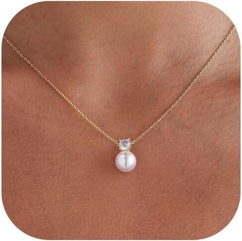 Pearl Necklaces for Women Trendy 14k Gold Plated Cubic Zirconia Pearl Pendant Necklace Valentines Day Wedding Birthday Mother's Day Gifts Dainty Gold Necklace for Women in Saudi Arabia