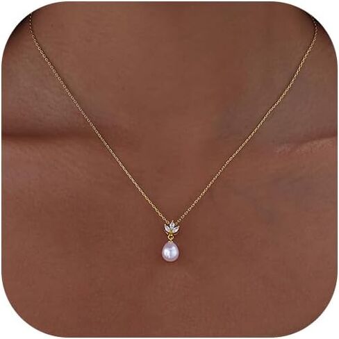 Pearl Necklaces for Women Trendy 14k Gold Plated Cubic Zirconia Pearl Pendant Necklace Valentines Day Wedding Birthday Mother's Day Gifts Dainty Gold Necklace for Women in Kuwait