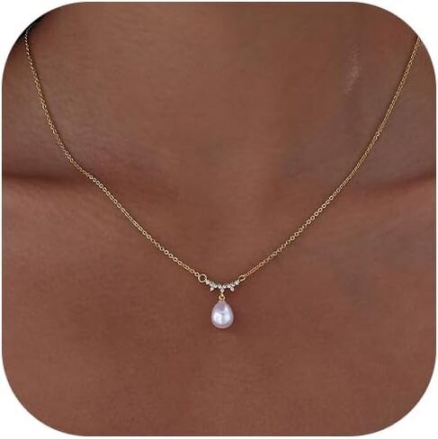 Pearl Necklaces for Women Trendy 14k Gold Plated Cubic Zirconia Pearl Pendant Necklace Valentines Day Wedding Birthday Mother's Day Gifts Dainty Gold Necklace for Women in Kuwait