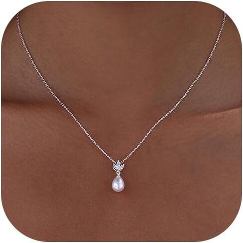 Pearl Necklaces for Women Trendy 14k Gold Plated Cubic Zirconia Pearl Pendant Necklace Valentines Day Wedding Birthday Mother's Day Gifts Dainty Gold Necklace for Women in Kuwait