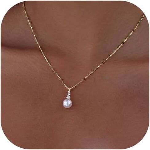 Pearl Necklaces for Women Trendy 14k Gold Plated Cubic Zirconia Pearl Pendant Necklace Valentines Day Wedding Birthday Mother's Day Gifts Dainty Gold Necklace for Women in Kuwait