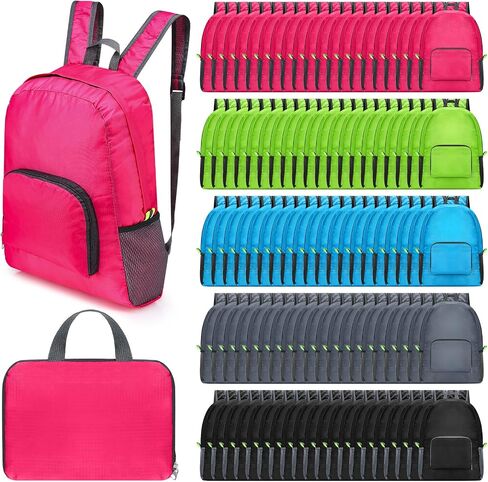 Jexine 100 Pack Backpack Bulk 17 Inch Foldable Backpack 5 Assorted Colors Lightweight Back Pack for Outdoor Travel Zippered Book Bags in Kuwait