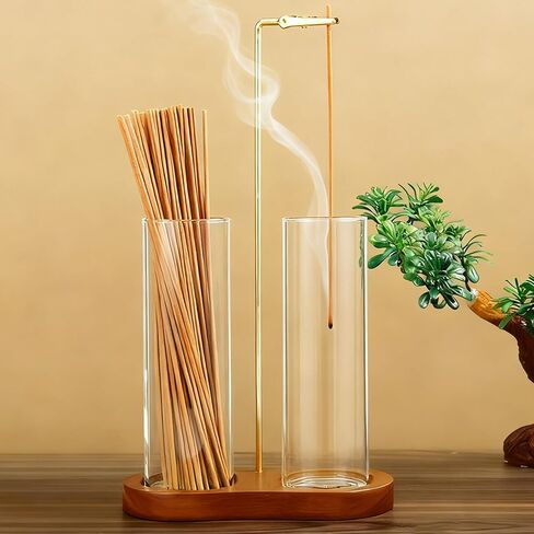 Incense Holder for Sticks 2 in 1 Incense Burner Holder with Storage & Ash Catcher Wooden Base, Glass Vessels, Metal Clip for Meditation, Yoga, Spa, Home & Garden Decor in Saudi Arabia