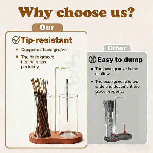Incense Holder for Sticks 2 in 1 Incense Burner Holder with Storage & Ash Catcher Wooden Base, Glass Vessels, Metal Clip for Meditation, Yoga, Spa, Home & Garden Decor in Saudi Arabia