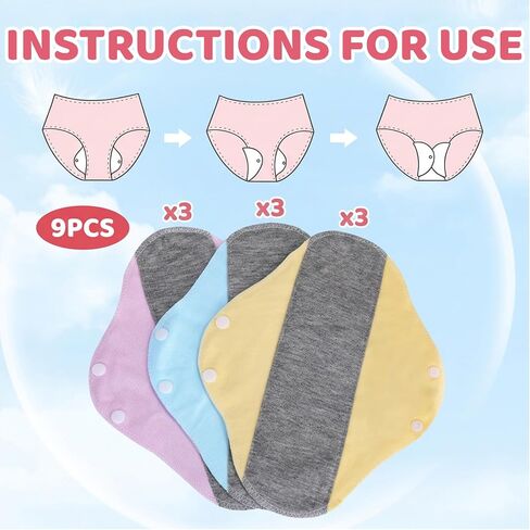 9PCS Reusable Incontinence Pads for Women, Washable Incontinence Pads in Pink Yellow Blue, Soft Organic Cotton Material for Daily Comfort and Protection, Convenient Reusable Pads for Personal Care in Saudi Arabia