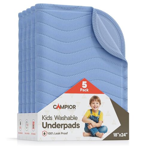 Washable Underpads Medium 18" x 24" (Pack of 5) - Reusable Waterproof Bed Pad for Babies and Kids Extra Heavy Absorbent Bedwetting Protection Soft Machine Washable, Blue in Saudi Arabia
