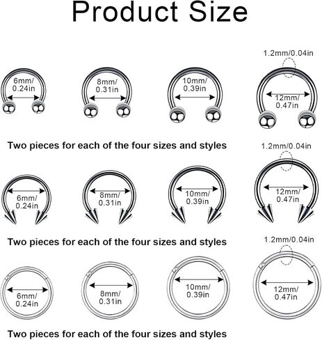 24PCS Horseshoe Nose Ring and Septum Rings Set,Septum Jewelry,Smiley Piercing Jewelry,Silver Helix Hoop Earring Eyebrow Tragus Lip Piercing Ring Balls and Spikes 6/8/10/12mm in Saudi Arabia