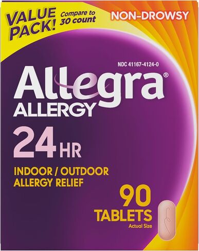 Allegra Adult 24-Hour Allergy Relief Tablets, Non-Drowsy Indoor and Outdoor Allergy Medicine, 180 mg Fexofenadine HCI Antihistamine Pill, 90-Count in Kuwait