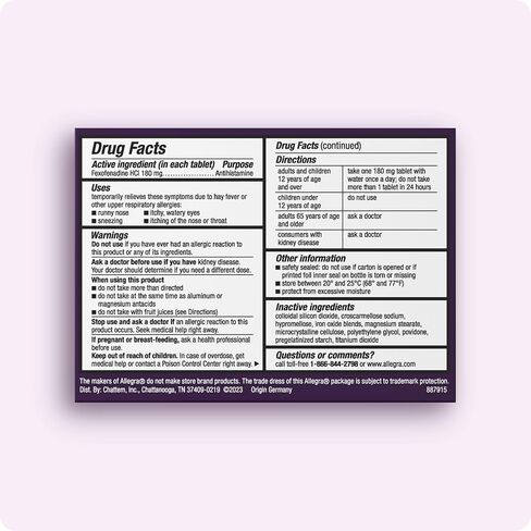 Allegra Adult 24-Hour Allergy Relief Tablets, Non-Drowsy Indoor and Outdoor Allergy Medicine, 180 mg Fexofenadine HCI Antihistamine Pill, 90-Count in Kuwait