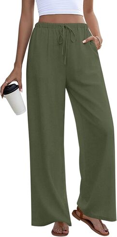 Anymeet Women's Linen Pants Summer Palazzo Flowy Wide Leg Beach Trousers with Pockets S-3XL in Kuwait