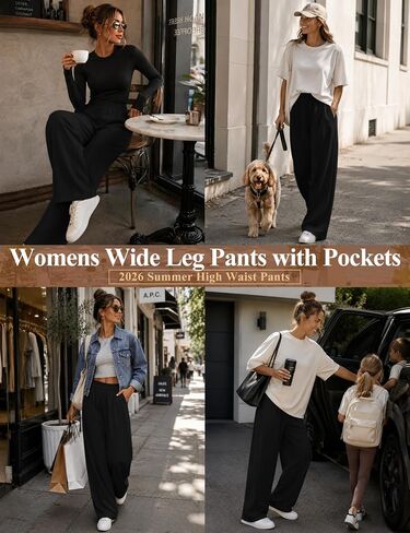 LOMON Womens Wide Leg Pants Travel Casual Lounge High Waist Flowy Palazzo Pants with Pocket Loose Spring Summer Clothing in Kuwait