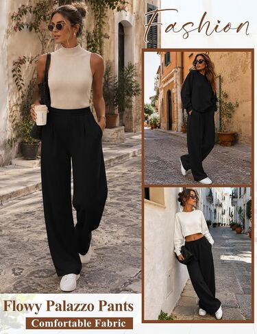 LOMON Womens Wide Leg Pants Travel Casual Lounge High Waist Flowy Palazzo Pants with Pocket Loose Spring Summer Clothing in Kuwait