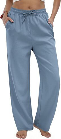 TOPYOGAS Women's Linen Casual Pants High Waist Drawstring Lounge Pant Summer Boho Straight Trousers with Pockets in Saudi Arabia