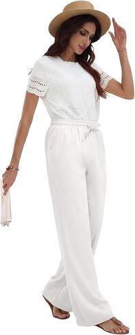 TOPYOGAS Women's Linen Casual Pants High Waist Drawstring Lounge Pant Summer Boho Straight Trousers with Pockets in Saudi Arabia
