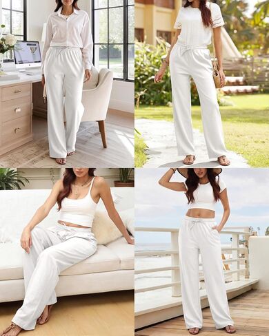 TOPYOGAS Women's Linen Casual Pants High Waist Drawstring Lounge Pant Summer Boho Straight Trousers with Pockets in Saudi Arabia