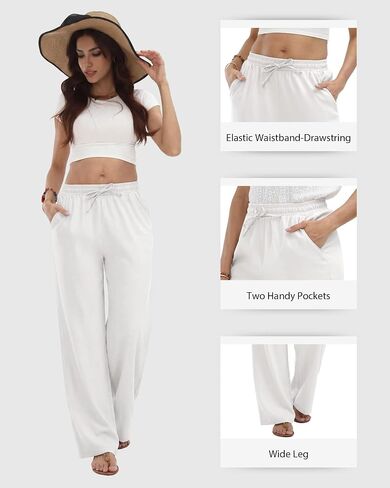 TOPYOGAS Women's Linen Casual Pants High Waist Drawstring Lounge Pant Summer Boho Straight Trousers with Pockets in Saudi Arabia
