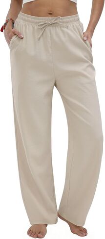 TOPYOGAS Women's Linen Casual Pants High Waist Drawstring Lounge Pant Summer Boho Straight Trousers with Pockets in Saudi Arabia