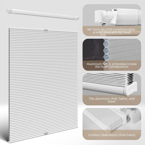 No Drill Blackout Cellular Shades No Tools Window Blinds Top Dwon Bottom Up Honeycomb Blinds for Indoor Windows Thermal Insulation UV Protection,White,Custom Size in Saudi Arabia