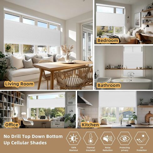 No Drill Blackout Cellular Shades No Tools Window Blinds Top Dwon Bottom Up Honeycomb Blinds for Indoor Windows Thermal Insulation UV Protection,White,Custom Size in Saudi Arabia