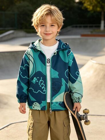 Kids & Toddler Boys Windbreaker Dinosaur Print Hoodie Jacket- Lightweight Spring Fall Jacket for Home Outdoor Daily Casual in Kuwait