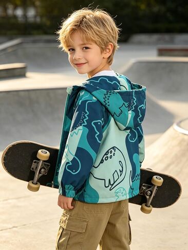Kids & Toddler Boys Windbreaker Dinosaur Print Hoodie Jacket- Lightweight Spring Fall Jacket for Home Outdoor Daily Casual in Kuwait