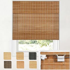 Cordless No Drill Bamboo Roman Shades, Light Filtering Natural Bamboo Blinds, Pull Down Window Shades for Indoor, Privacy Shade for Bedroom Living Room Kitchen Home Natural Bamboo 34"W x 72"H in Saudi Arabia