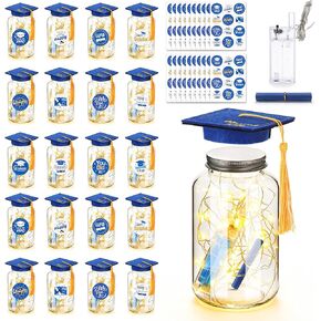 20 Sets 2026 Graduation Table Decoration with LED Lights, Mason Jar Graduation Centerpieces for Tables with Class of 2026 Felt Cap, Paper Roll, Stickers, College High School Grad Party Gifts(Blue) in Saudi Arabia