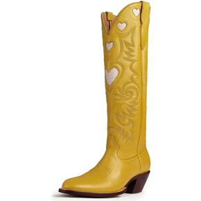 Alsoloveu Embroidered Cowboy Boots Women Heart pattern Knee High Cowgirl Boot Chunky Heel Pull On Western Booties in Saudi Arabia