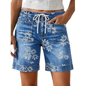 Flamingals Mid Rise Denim Shorts for Women Mid Thigh Length Floral Print Drawstring Casual Summer Jean Shorts with Pockets in Saudi Arabia