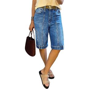 Flamingals Straight Leg Denim Shorts for Women Bermuda High Rise Seam Front Patch Pocket Trendy Shorts in Saudi Arabia