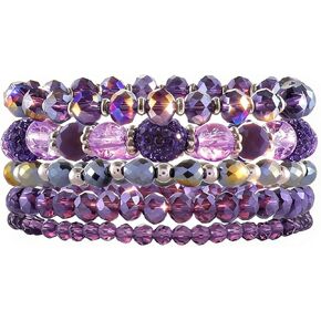 5PCS Beaded Bracelets for Women, Stackable Bohemian Glass Crystal Bead Stretch Bracelets, Purple Jewelry Multilayered Disco Ball Design, Gift for Mother's Day, Birthday, Anniversary in Saudi Arabia
