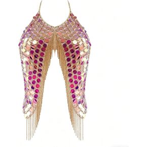 Pink Sequin Body Chain Vest - Iridescent Tassel Jewelry Top for Music Festival, Rave Outfits & Summer Beach Party Layering Accessories,One Size in Saudi Arabia