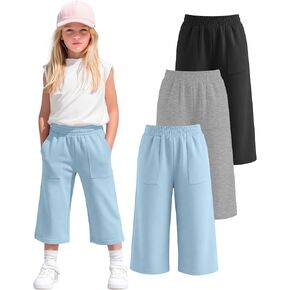 3 Pack Girls' Capri Pants Wide Leg Capris with Pockets Kids Summer Casual Pant Teen Loose Cropped Sweatpants 5-14Y in Kuwait
