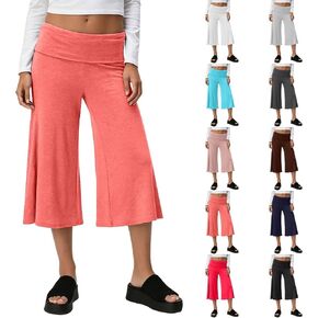 Wide Leg Capri Pants for Women Fold Over Cropped Low Rise Stretch Gaucho Pant for Summer Beach Holiday Streetwear in Saudi Arabia