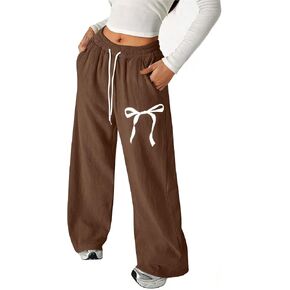 Flowy Linen Pants for Women Plus Size Baggy Sweatpants Bow Print Elastic Waist Wide Leg Loose Pants with Pockets in Saudi Arabia