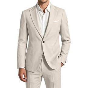 Men's Linen Suit 2 Pieces Casual Lightweight Blazer and Pants Beige Suits for Men Tuxedo Summer Beach Groom Wedding L in Kuwait