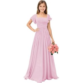 Square Neck Junior Bridesmaid Dresses Long Pleated Chiffon Girls Formal Dress Evening Gown with Sleeves in Saudi Arabia