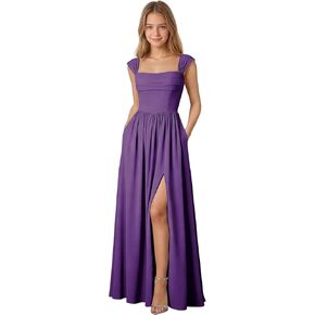 Junior Bridesmaid Dresses Square Neck Chiffon Prom Dresses for Teens A Line Girls Formal Party Dress with Slit in Kuwait