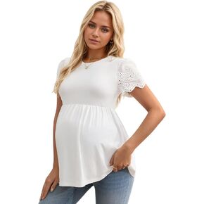 Women's Maternity Blouse Eyelet Short Sleeve Flowy Peplum Maternity Tee for Pregnant Women Casual T Shirts Tops in Saudi Arabia