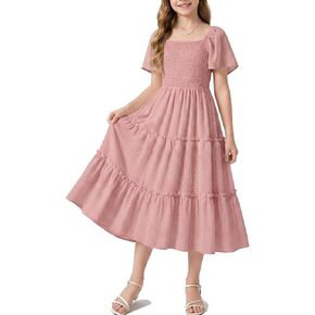 NEW 6-14 Years Girls Dress Swiss Dot Smocked Flutter Sleeve Tiered Maxi Wedding Guest Party Summer Sundress in Kuwait