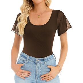 Women's Mesh Short Sleeve Bodysuit Ruched Top Thong Body Suits Leotard Shirt Going Out in Saudi Arabia